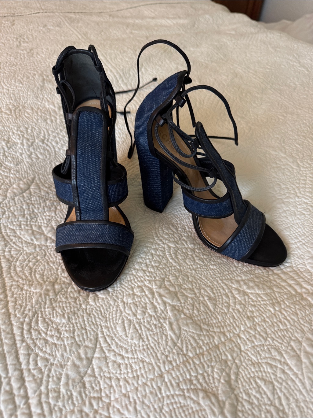 Schutz Denim Navy Strappy Block Heel Sandals